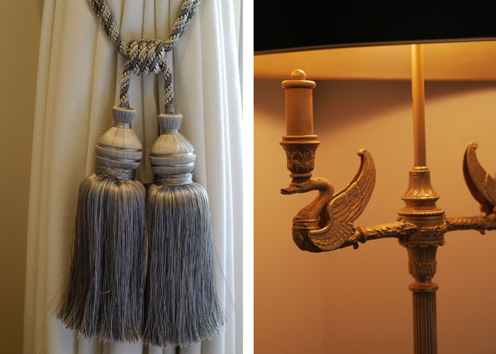 Curtian tassel and swan lamp detail