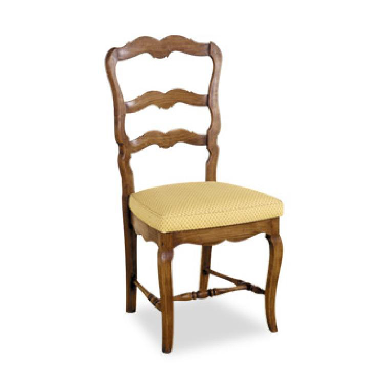 French country style or farmhouse style dining chair with cushion seat and ladder back design in carving with timber walnut colour finish.
