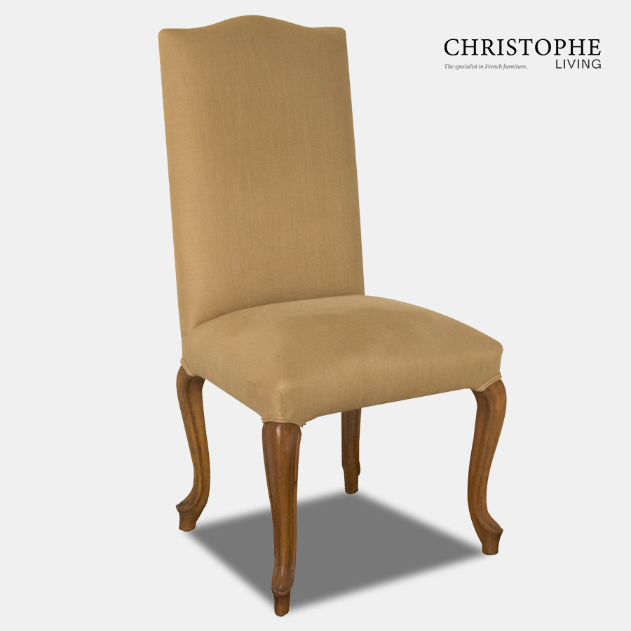 Timber chair with light timber finish and medium colour linen upholstered back with curves legs and top in French style.