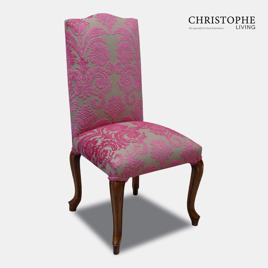 French fully upholstered French provincial dining chair with timber legs and bright pink velvet damask fabric for contemporary look