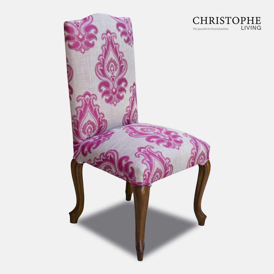 French country style dining chair in linen pink and grey upholstery, classic French provincial look with timber cabriole legs.