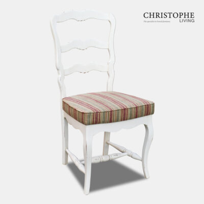 French farmhouse dining chair painted antique white with ladder back and colourful striped linen upholstered cushion seat