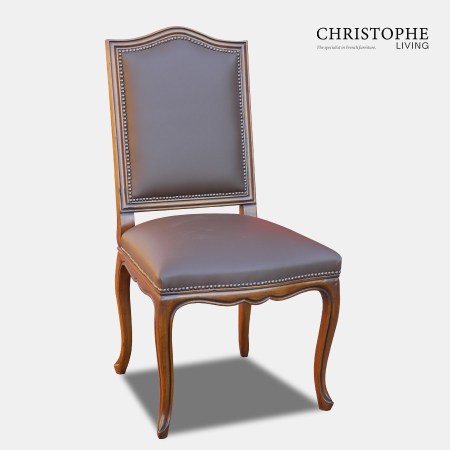 French provincial dining chair with leather and Hamptons look. Timber finish and studding for classy luxury appearance.
