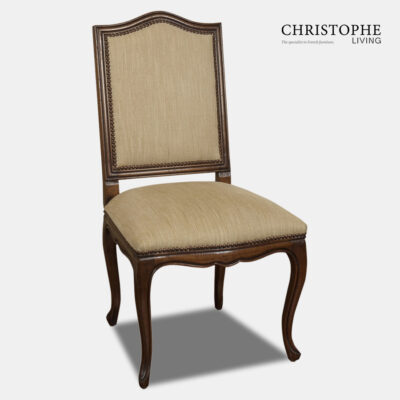 French style quality carved dining chair with timber frame and upholstered seat, curved Louis style cabriole legs and golden chenille fabric.