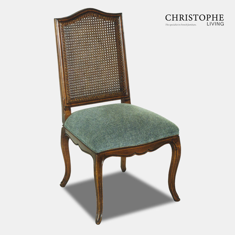 French cane back timber dining chair with green fabric upholstered seat, cabriole legs and carved moulding