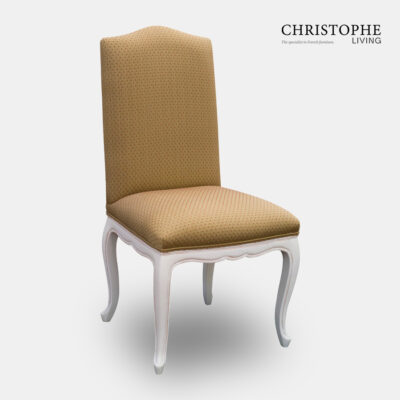 White painted with antique finish carved French dining chair made from timber frame and fully upholstered with gold and red fabric
