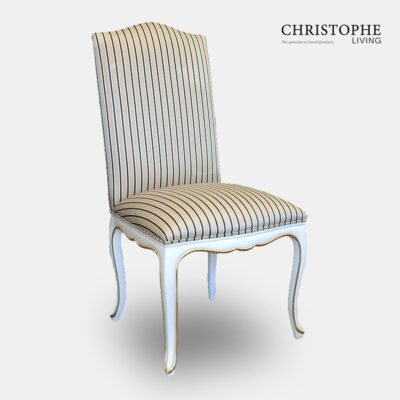 French fully upholstered dining chair with stripe fabric in white with gold painted on carving of apron and legs.
