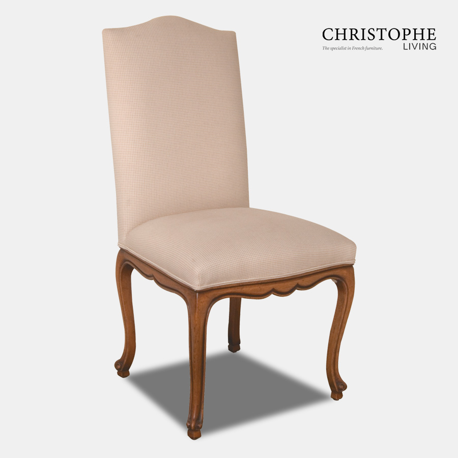 French upholstered chair with linen fabric in Louis style with carved timber legs in walnut finish and scalloped apron for Hamptons or French style dining