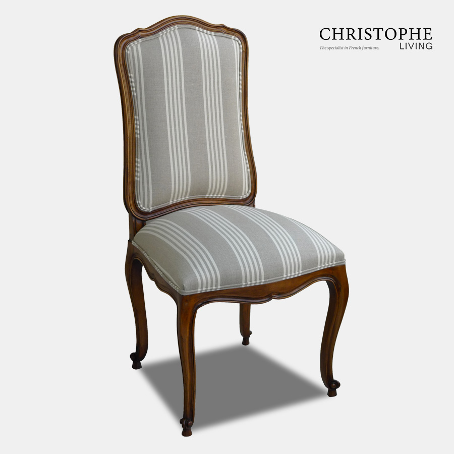 Classic timber French chair for dining room in provincial Louis style with linen upholstery grey with white stripe