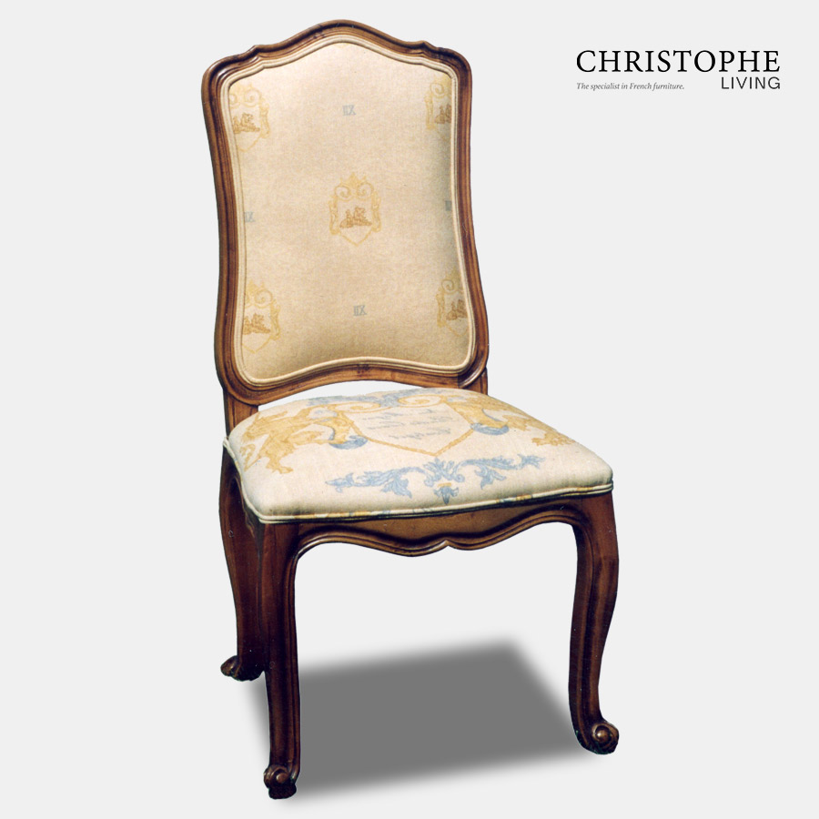 French upholstery dining chair with timber finish and yellow gold heraldic fabric and curved apron in classic style