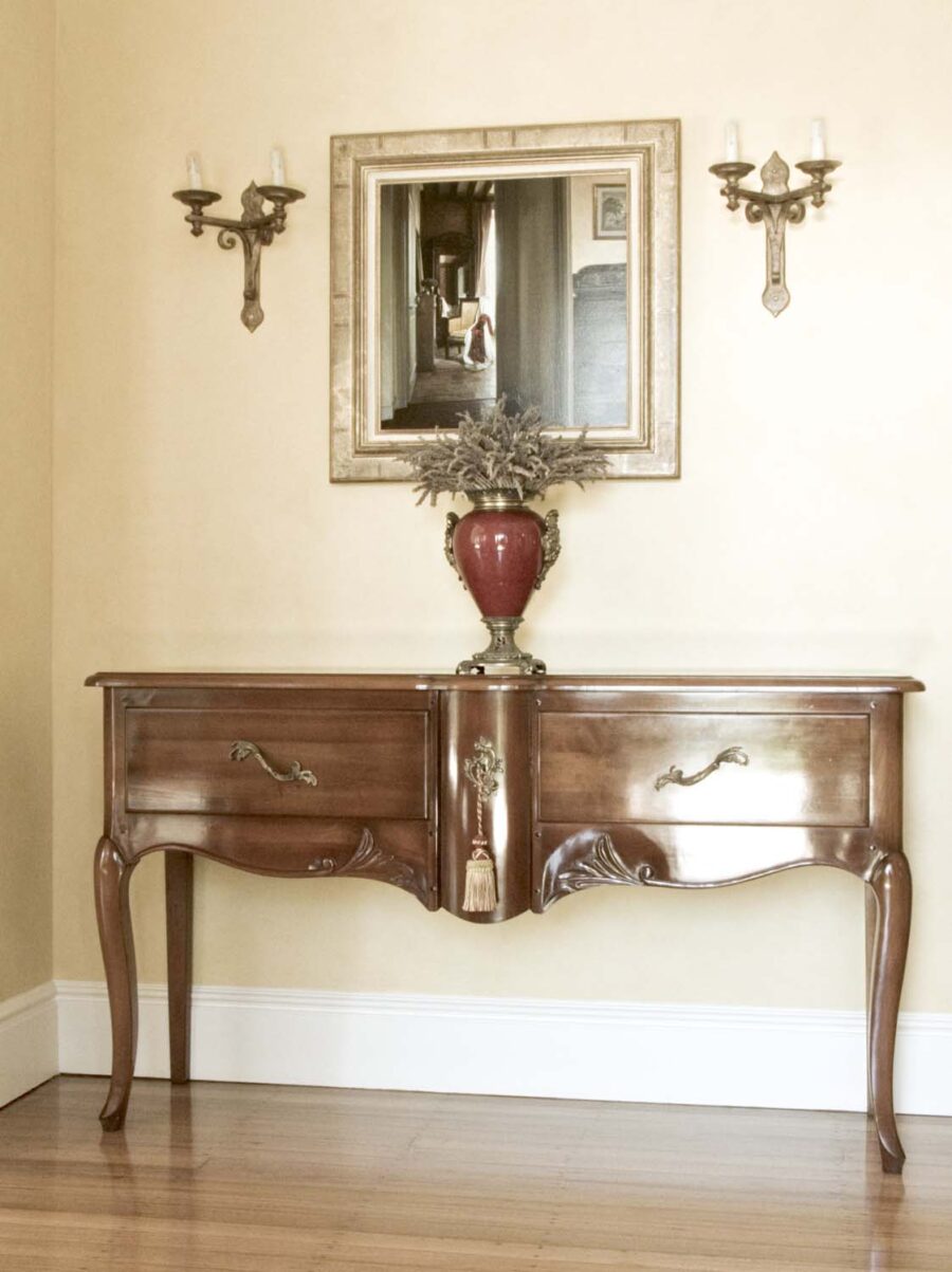French Provincial Entrance Timber Hall Table and Wall Sconces