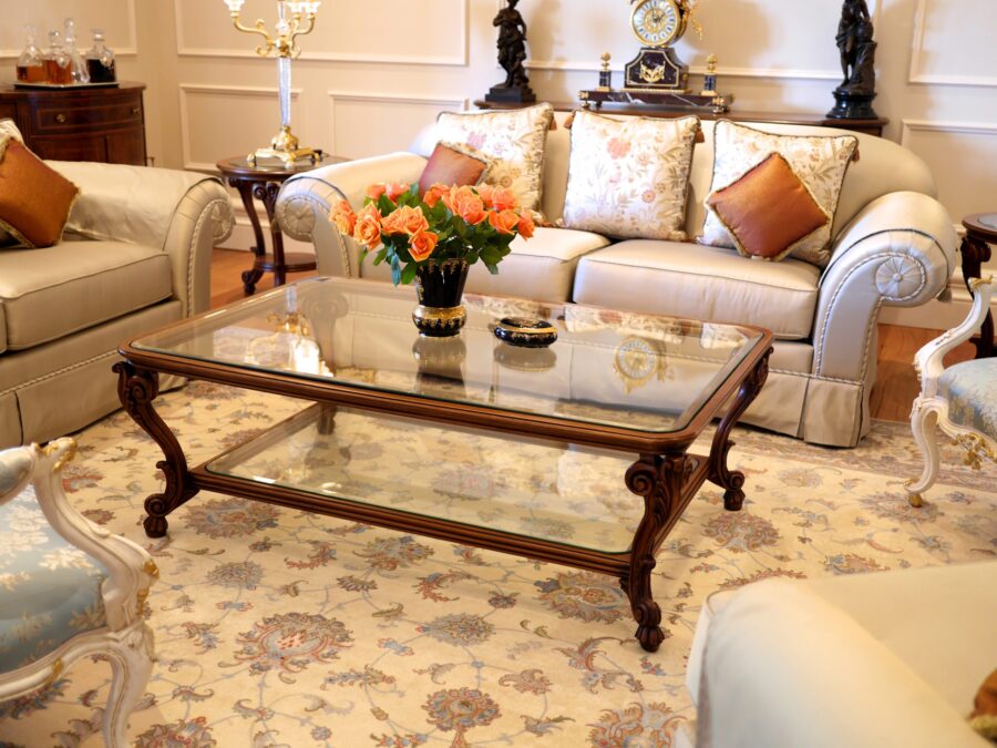 Luxury and Classic French Timber Coffee Table with Glass Top