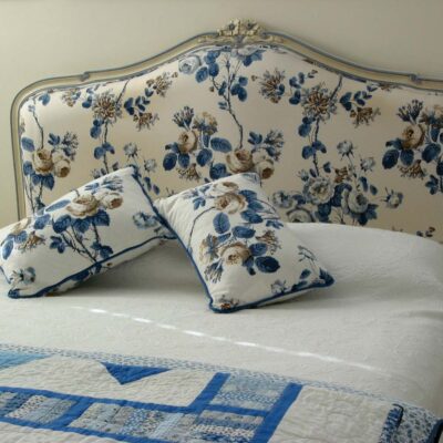 Classic French Blue Floral Louis Bedhead Painted Blue Trim