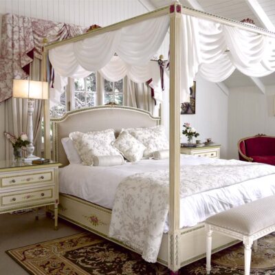 Classic French Antique White Four Poster Bed & Stool