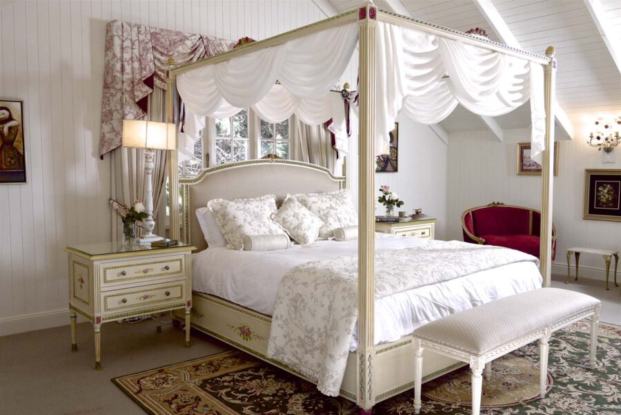 Classic French Antique White Four Poster Bed & Stool