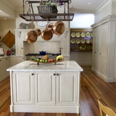 French Traditional Castle Hill Country Home Kitchen Antique White with Marble Top