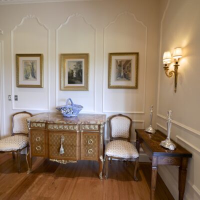 Classic & Traditional Timber Chairs & Cabinet with Gold Details and Marble Top