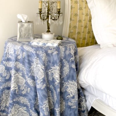 French Traditional Bedside Table with Blue Fabric