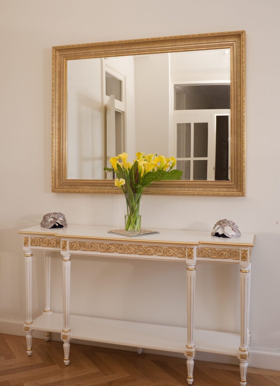 Parisian Style Entrance with Classic French White Side Server with Gilding Detail and Mirror witch Gilding Frame
