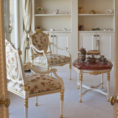 Classic French Boudoir with White Chairs & Coffee table with Gilding Details