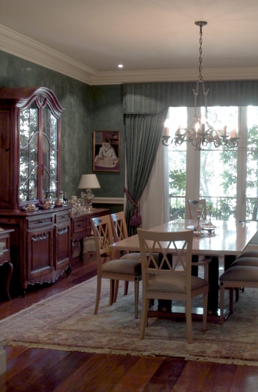French Povincial Style Dining Room with Timber Buffet & Wrought Iron Chandelier