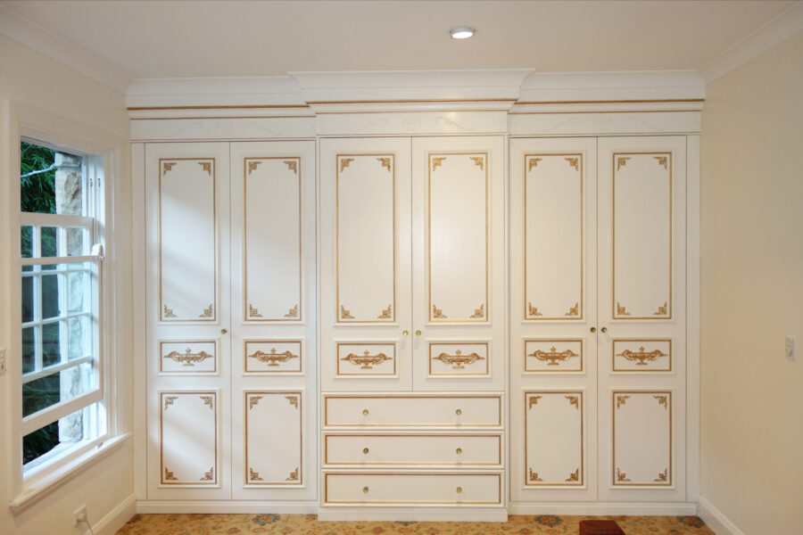Classic & Elegant French Built-In Antique White Wardrobe with Gold Mouldings