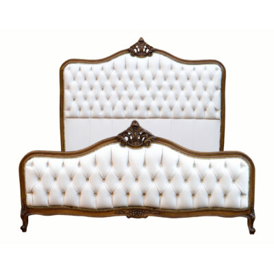 Classic French Timber Bed wDiamond Button Leather