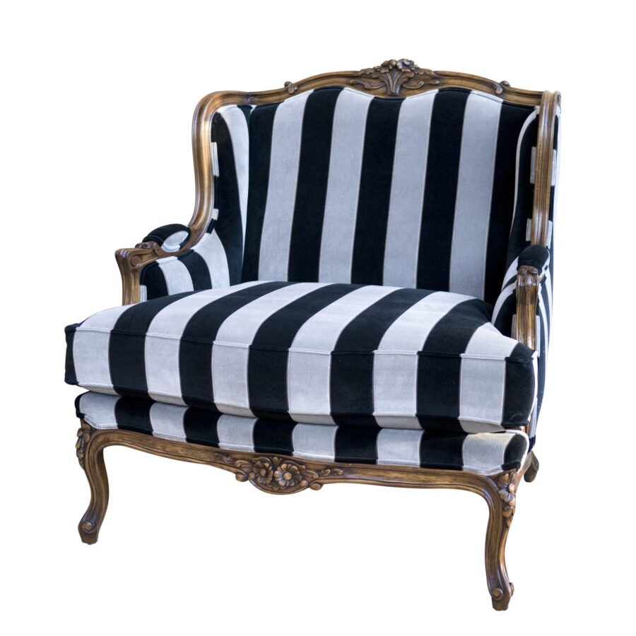 Classic French Armchair Stripe Fabric Carving