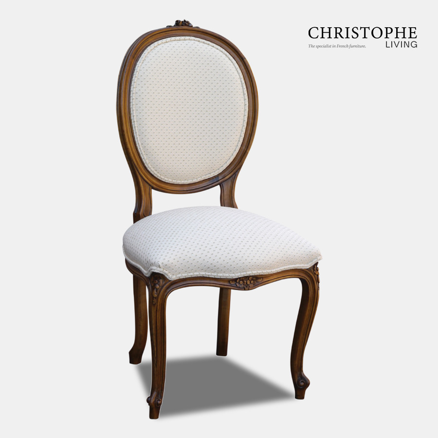 Timber French provincial dining chair with oval back and carved motif with linen upholstery and Louis XV style