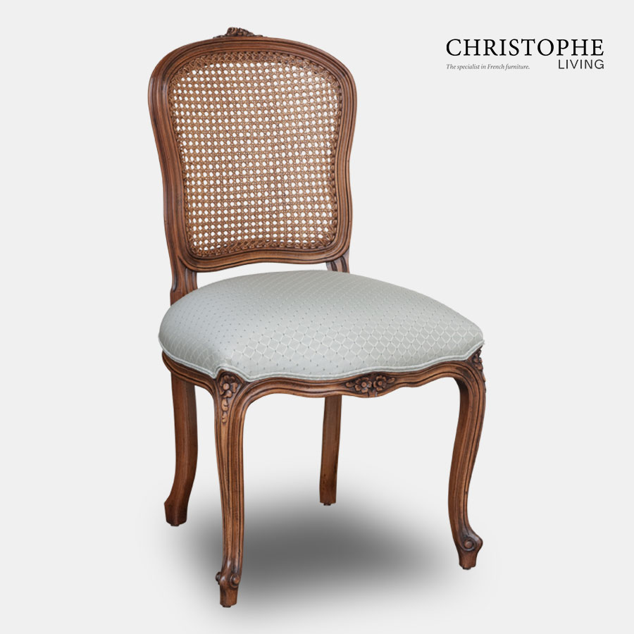 Timber French provincial dining chair with cane back and grey linen seat upholstery with cabriole legs