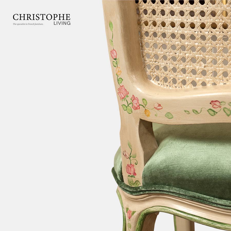 Country French style dining or study chair with antique patina and painted finish in pink and green to match green velvet