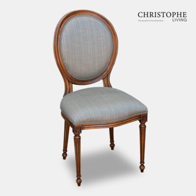 Louis French provincial style dining chair with oval back in timber upholstered with grey stripe fabric