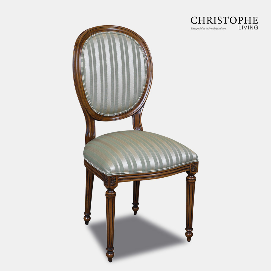Classic oval back design French style chair for dining room with timber walnut finish and sateen teal stripe fabric