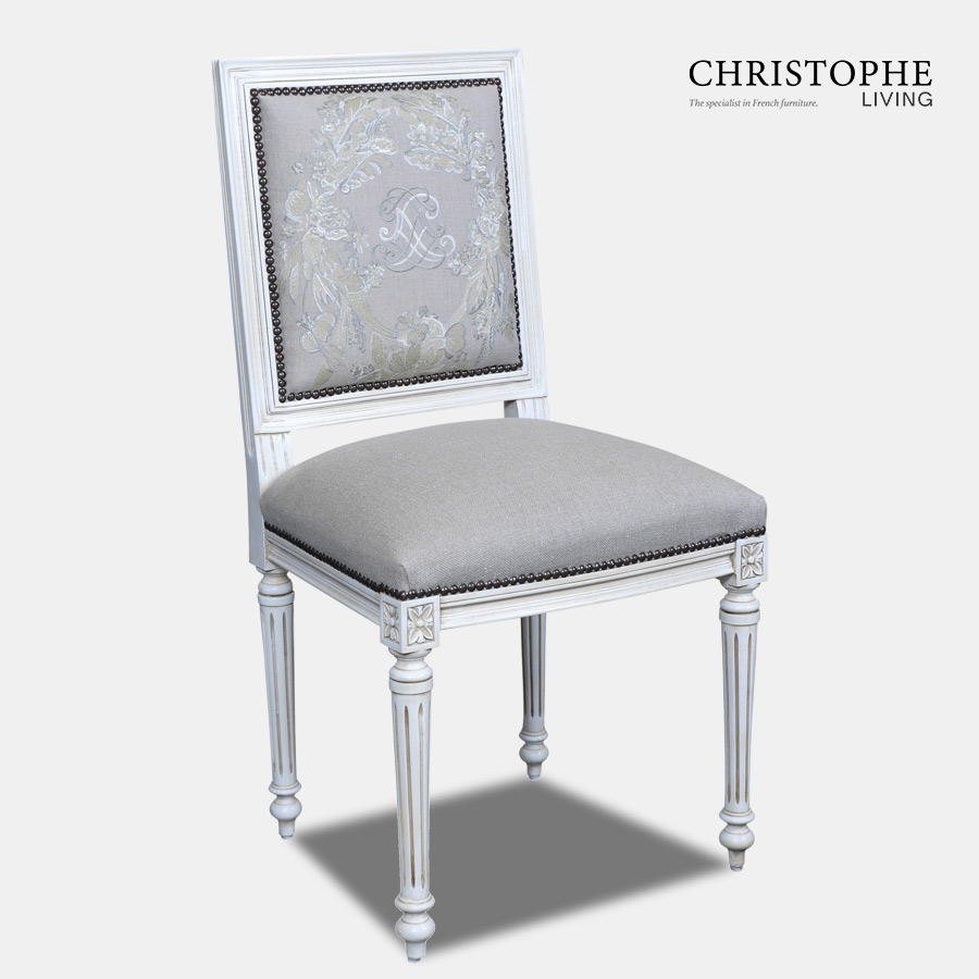 White French dining chair with Hamptons style studding and grey linen upholstery back and antique wash.