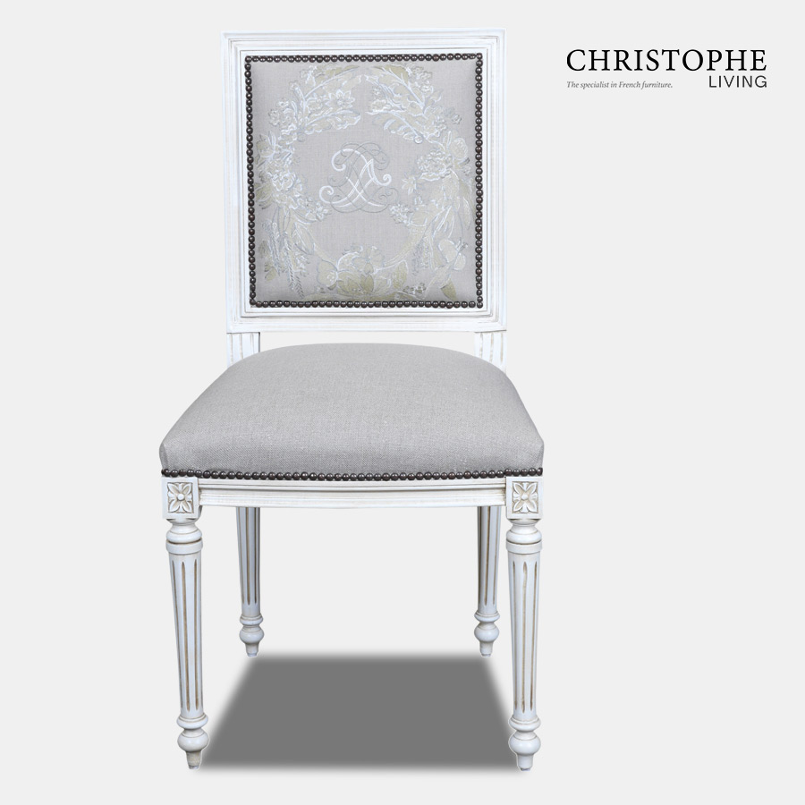 White French dining chair with Hamptons style studding and grey linen upholstery back and antique wash.