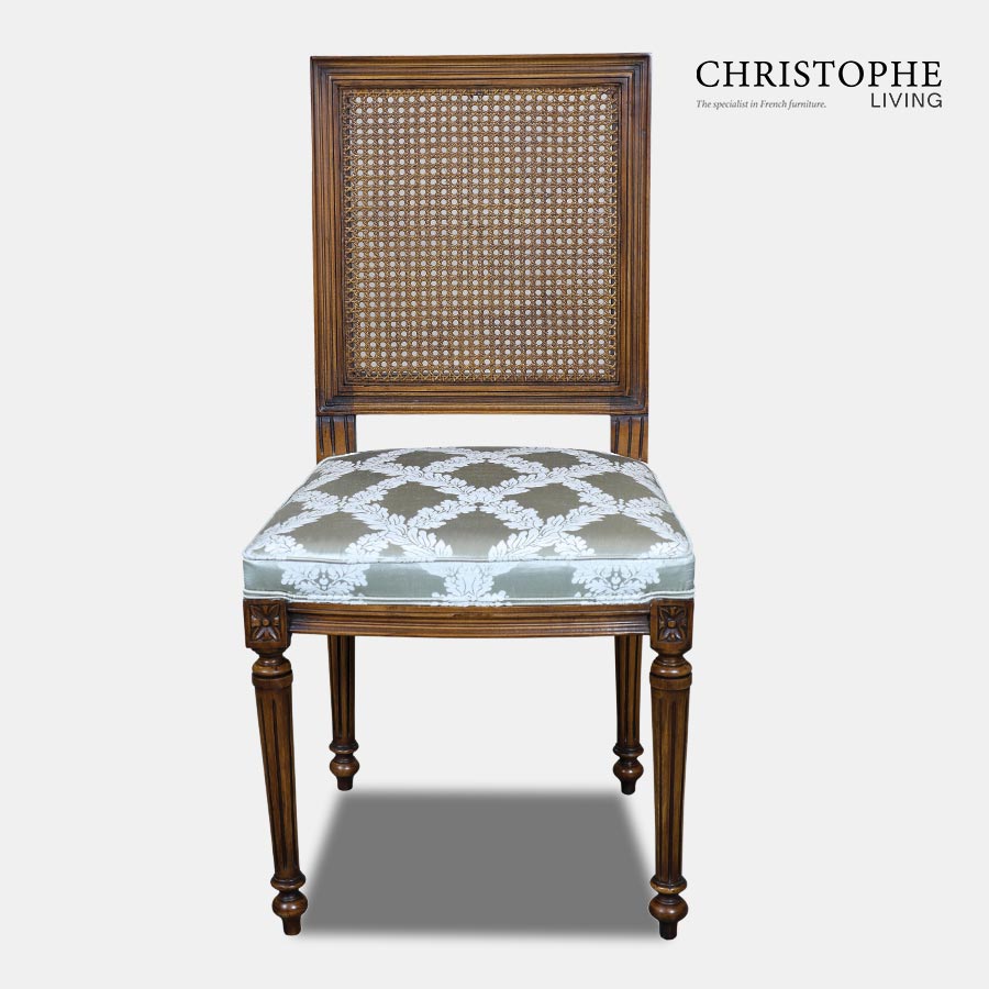 French dining chair in elegant Louis style with square can back in timber with blue fabric
