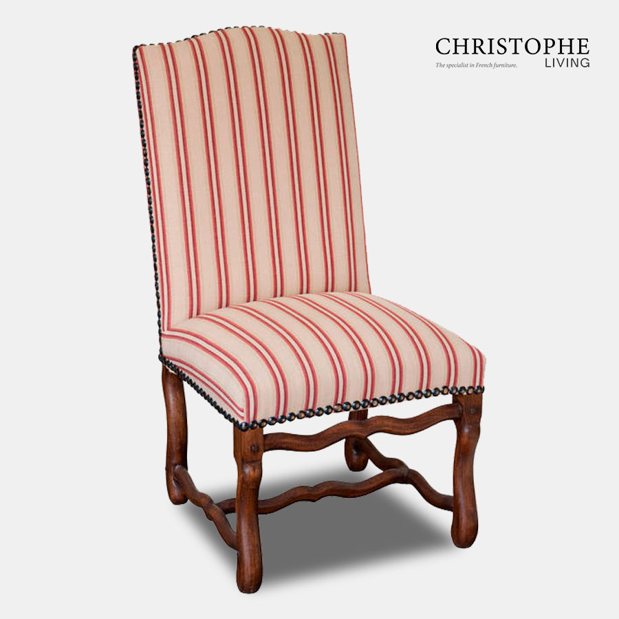 Large farmhouse style French dining chair in timber with carved timber legs and striped upholstery