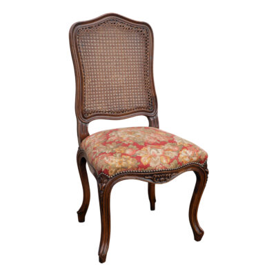 French provincial timber chair for dining table with cane and fabric upholstered seat in red fabric