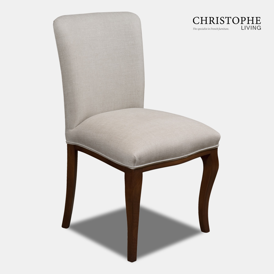 Hamptons dining chair fully upholstery in linen with classic casual and French look with timber legs and comfortable looking seat