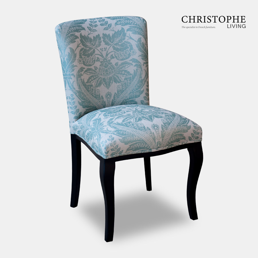 Fully upholstered Hamptons style French dining chair with painted black finish and blue damask textured fabric