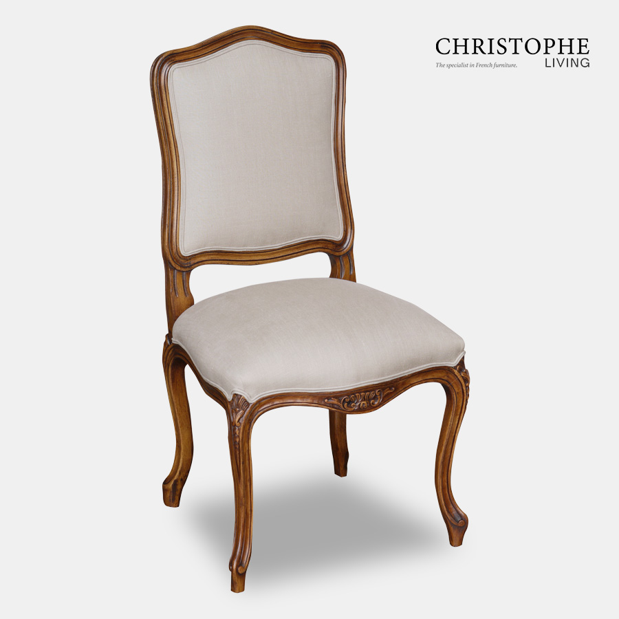 Country French reproduction style dining chair in walnut timber look with upholstery in grey linen
