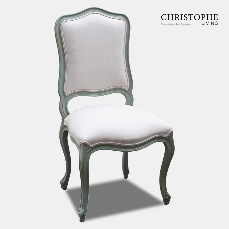 Painted country style French dining chair with green finish and light linen upholstery in Louis XV style
