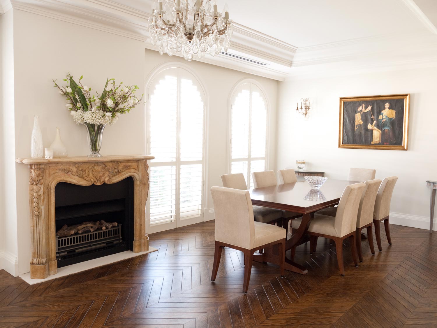 1 French dining with timber furniture, fireplace and painting
