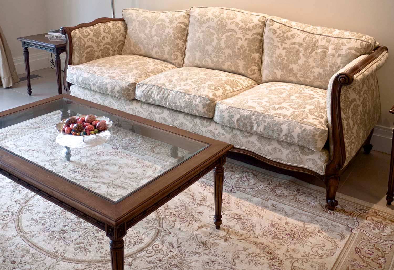 2 French louis daybed in cream demask with coffee table and matching rug