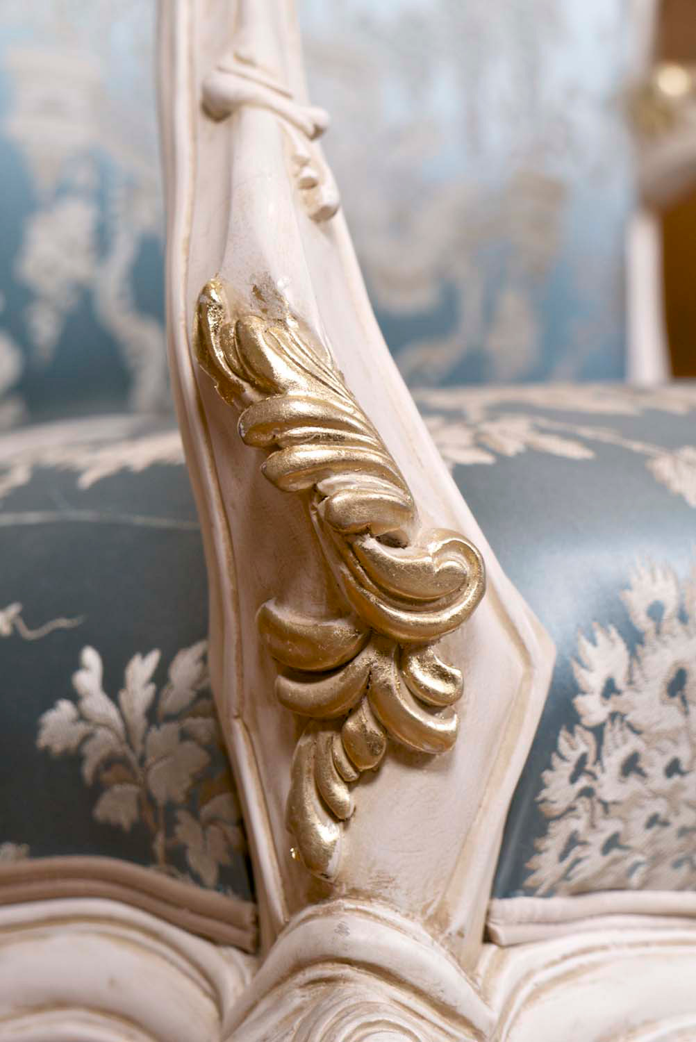 3 French armchair in painted finish with close up detail of fabric, patina and gold
