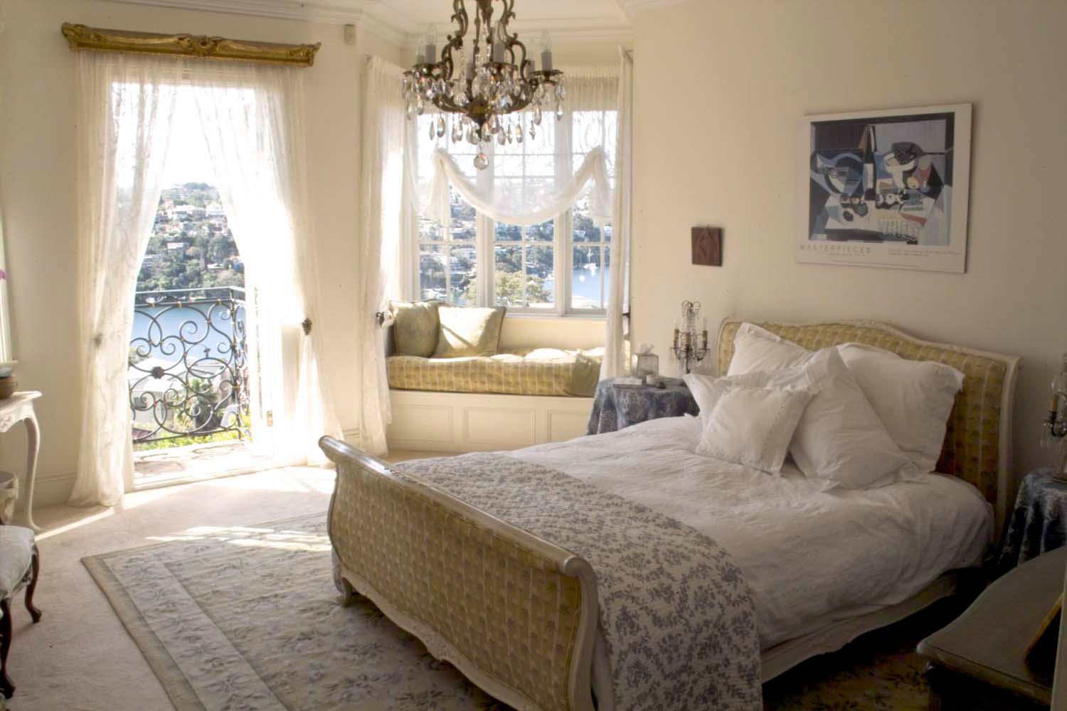 3 French bedroom with Louis XV bed, white curtains and classical chandelier