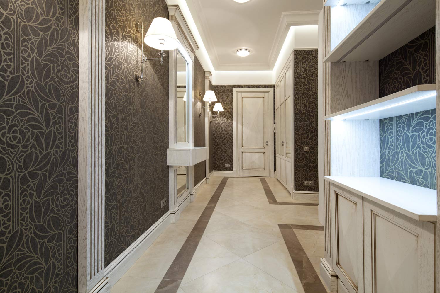 3 Hotel hall with wall lights, wall panelling and marble floors
