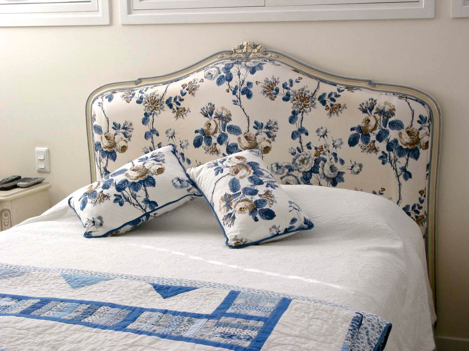 4 French bed head in painted finish with french floral fabric and pillows