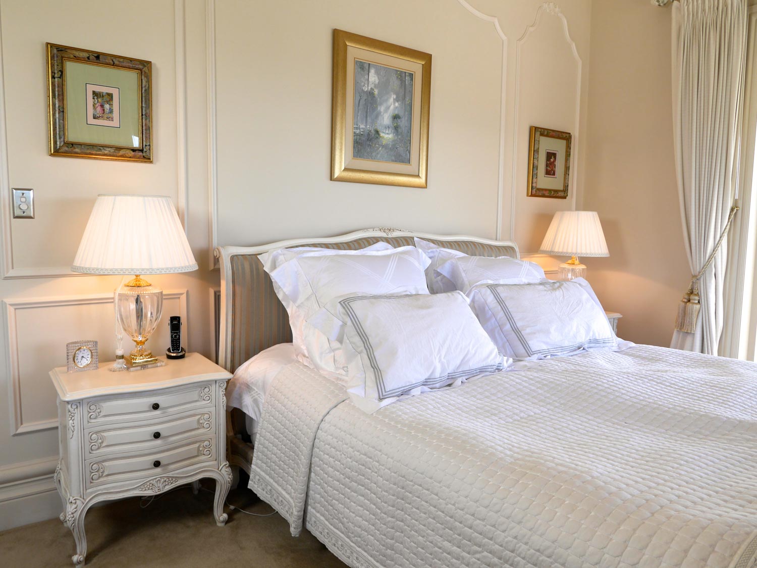 4 French bedroom with Louis XV white painted bed and bedside tables