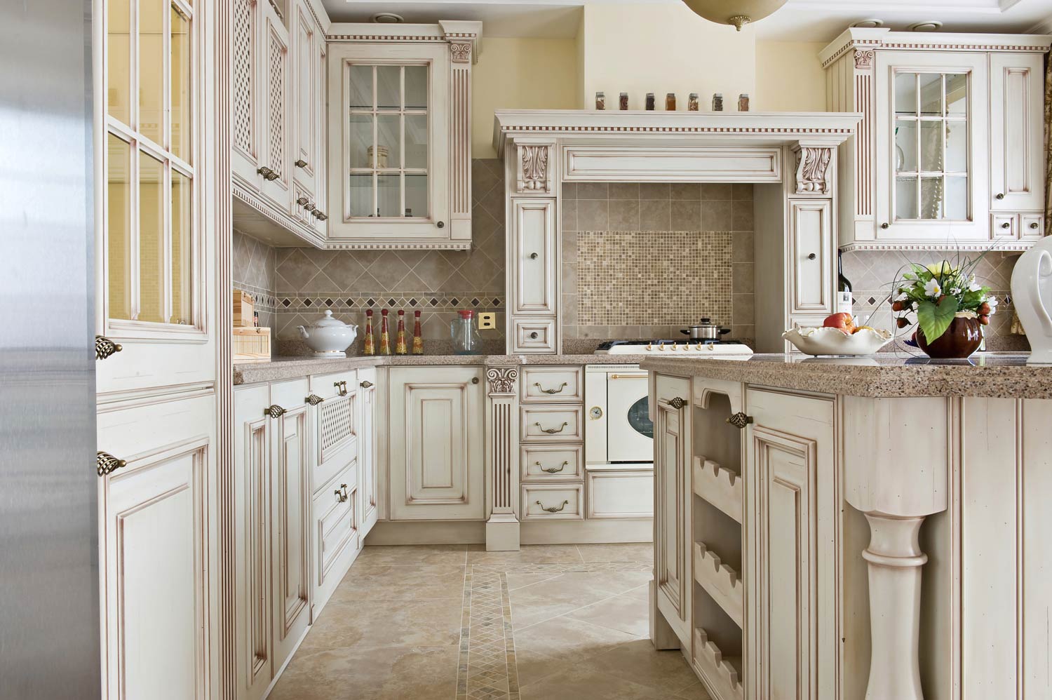 5 Classic french kitchen with antique finish, marble and kitchen island